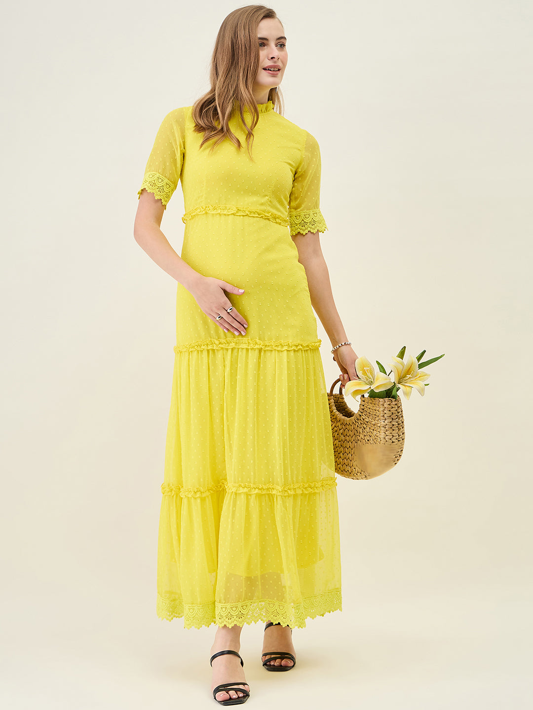 Dobby Mesh Tiered Maxi Dress with Lace Trim