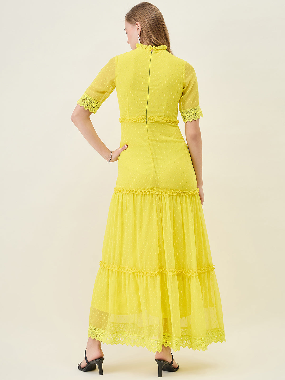 Dobby Mesh Tiered Maxi Dress with Lace Trim