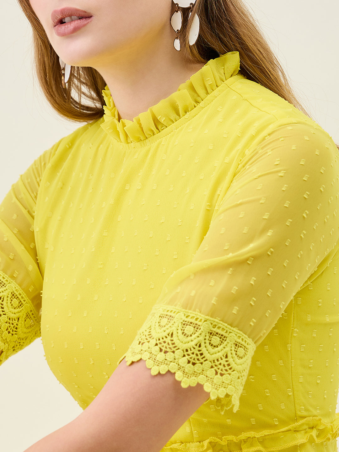 Dobby Mesh Tiered Maxi Dress with Lace Trim