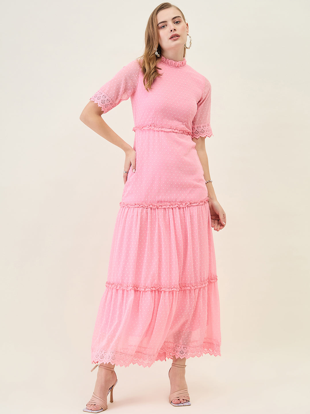 Dobby Mesh Tiered Maxi Dress with Lace Trim