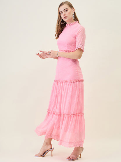 Dobby Mesh Tiered Maxi Dress with Lace Trim