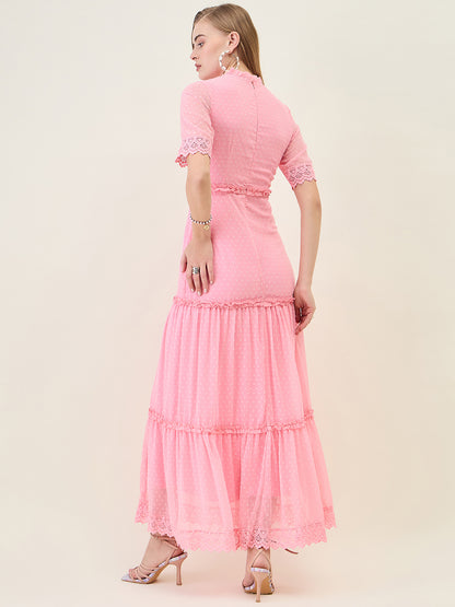 Dobby Mesh Tiered Maxi Dress with Lace Trim