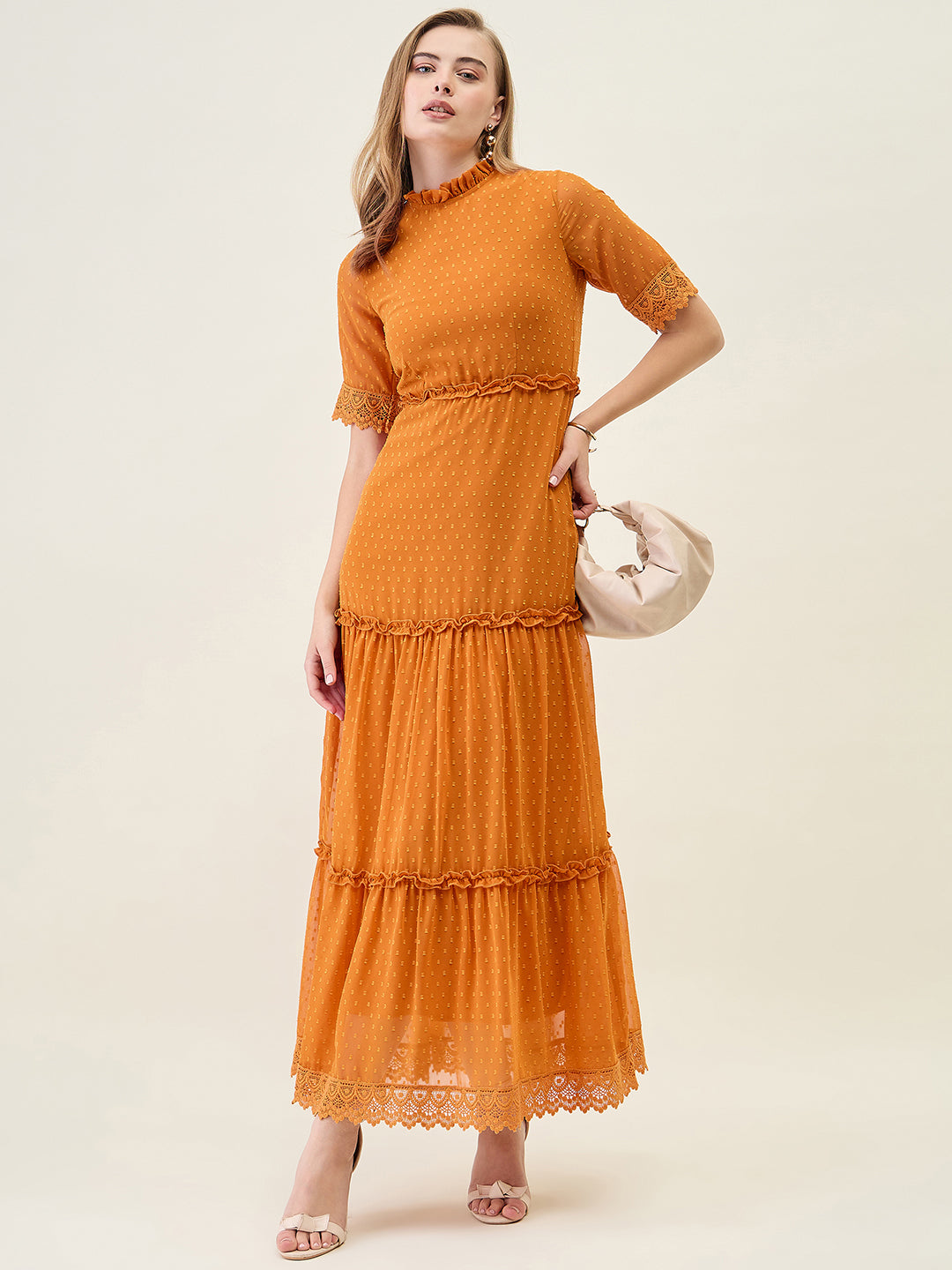 Dobby Mesh Tiered Maxi Dress with Lace Trim