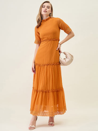 Dobby Mesh Tiered Maxi Dress with Lace Trim