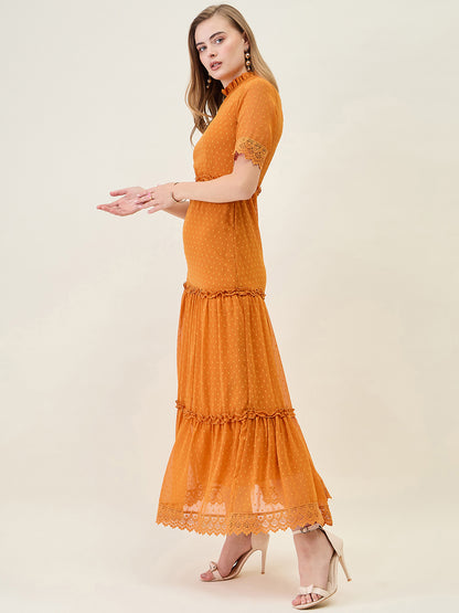 Dobby Mesh Tiered Maxi Dress with Lace Trim