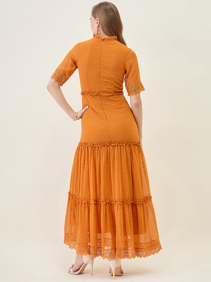 Dobby Mesh Tiered Maxi Dress with Lace Trim