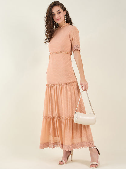 Dobby Mesh Tiered Maxi Dress with Lace Trim