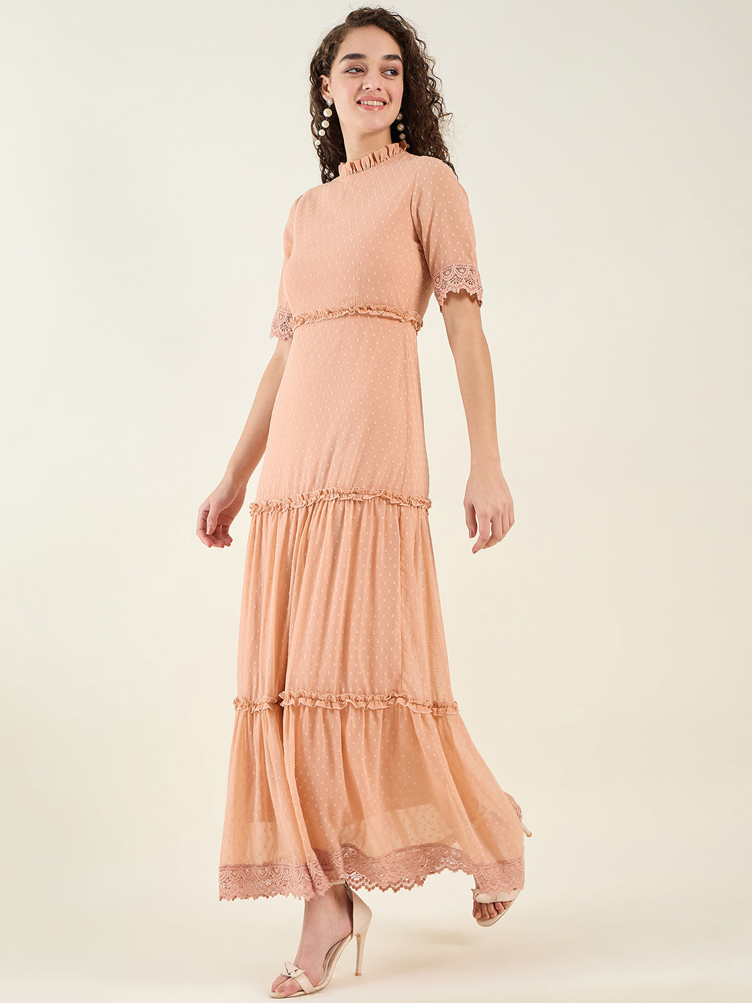 Dobby Mesh Tiered Maxi Dress with Lace Trim
