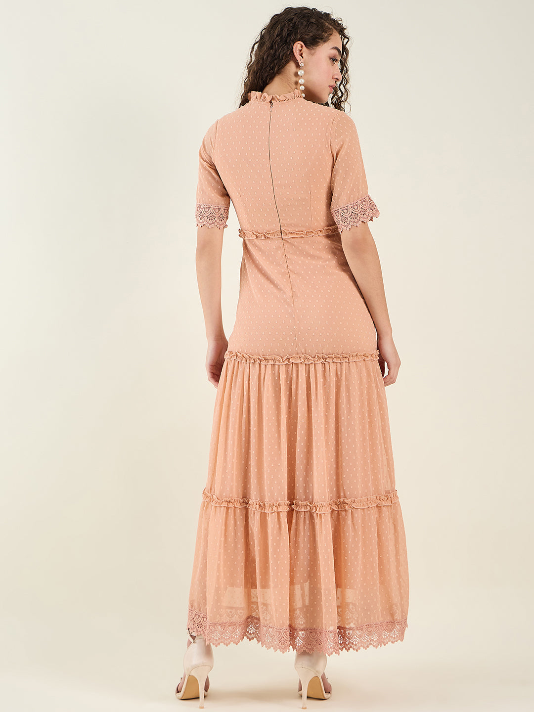 Dobby Mesh Tiered Maxi Dress with Lace Trim