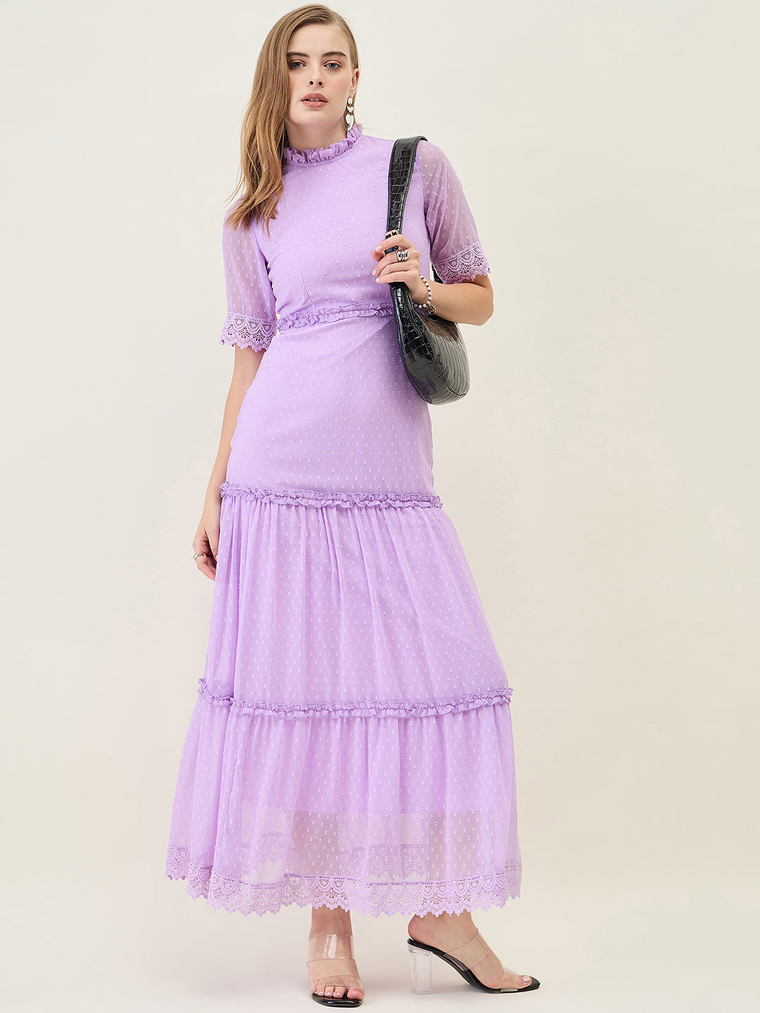 Dobby Mesh Tiered Maxi Dress with Lace Trim