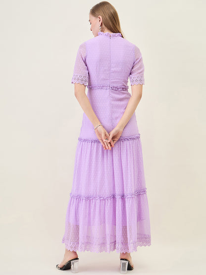 Dobby Mesh Tiered Maxi Dress with Lace Trim