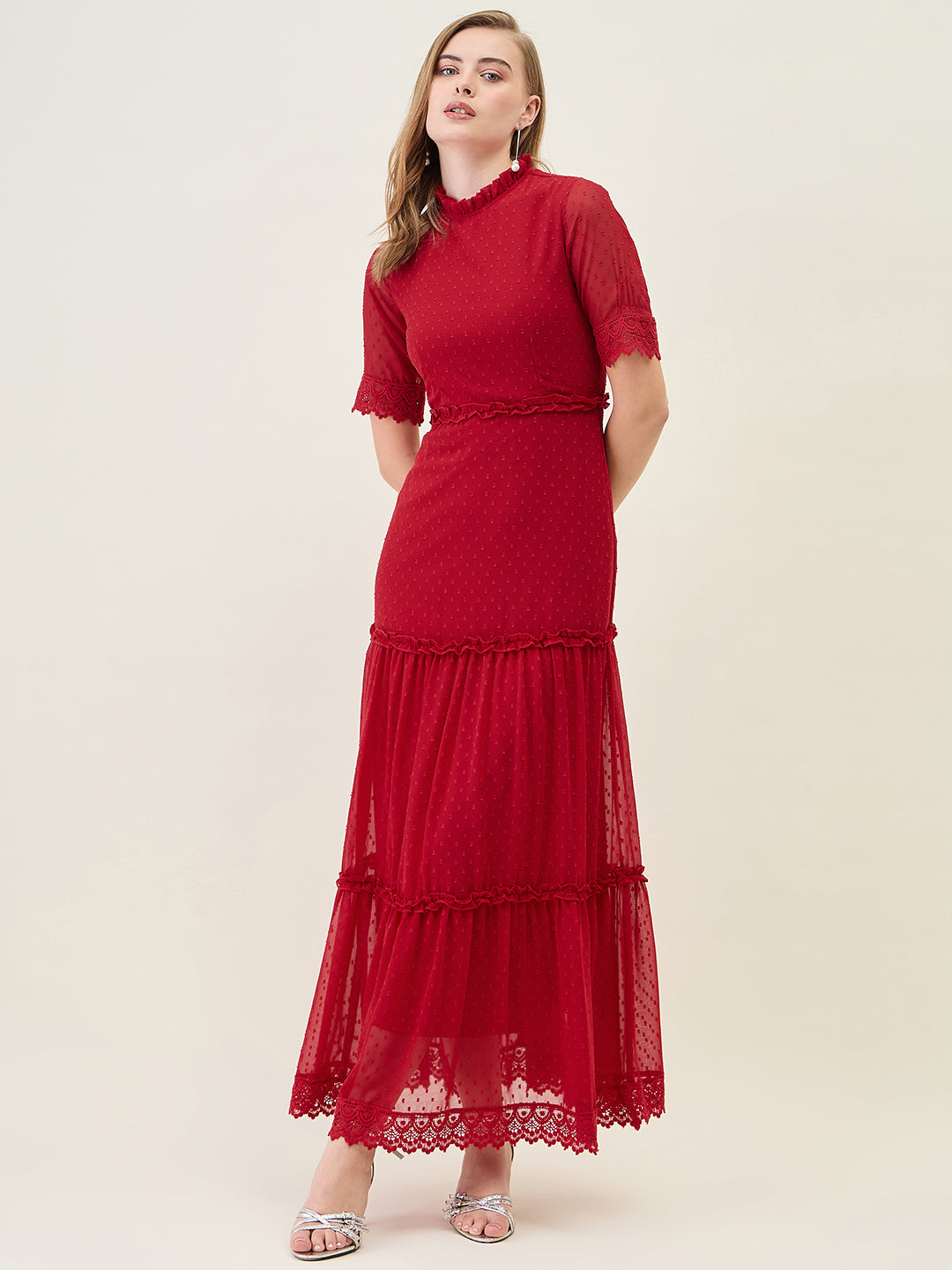 Dobby Mesh Tiered Maxi Dress with Lace Trim