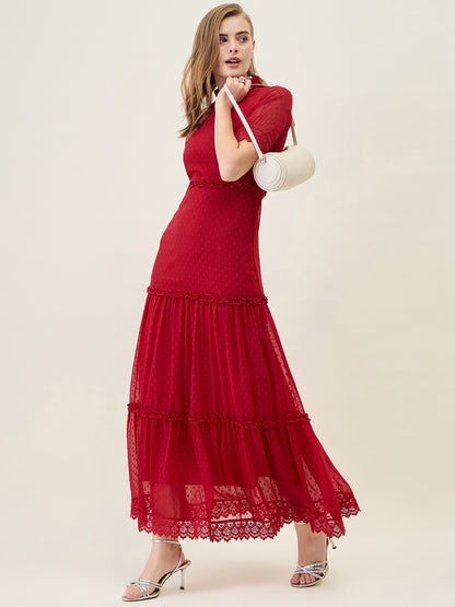 Dobby Mesh Tiered Maxi Dress with Lace Trim