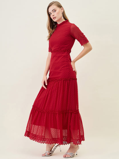 Dobby Mesh Tiered Maxi Dress with Lace Trim