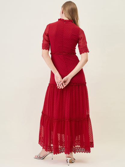 Dobby Mesh Tiered Maxi Dress with Lace Trim