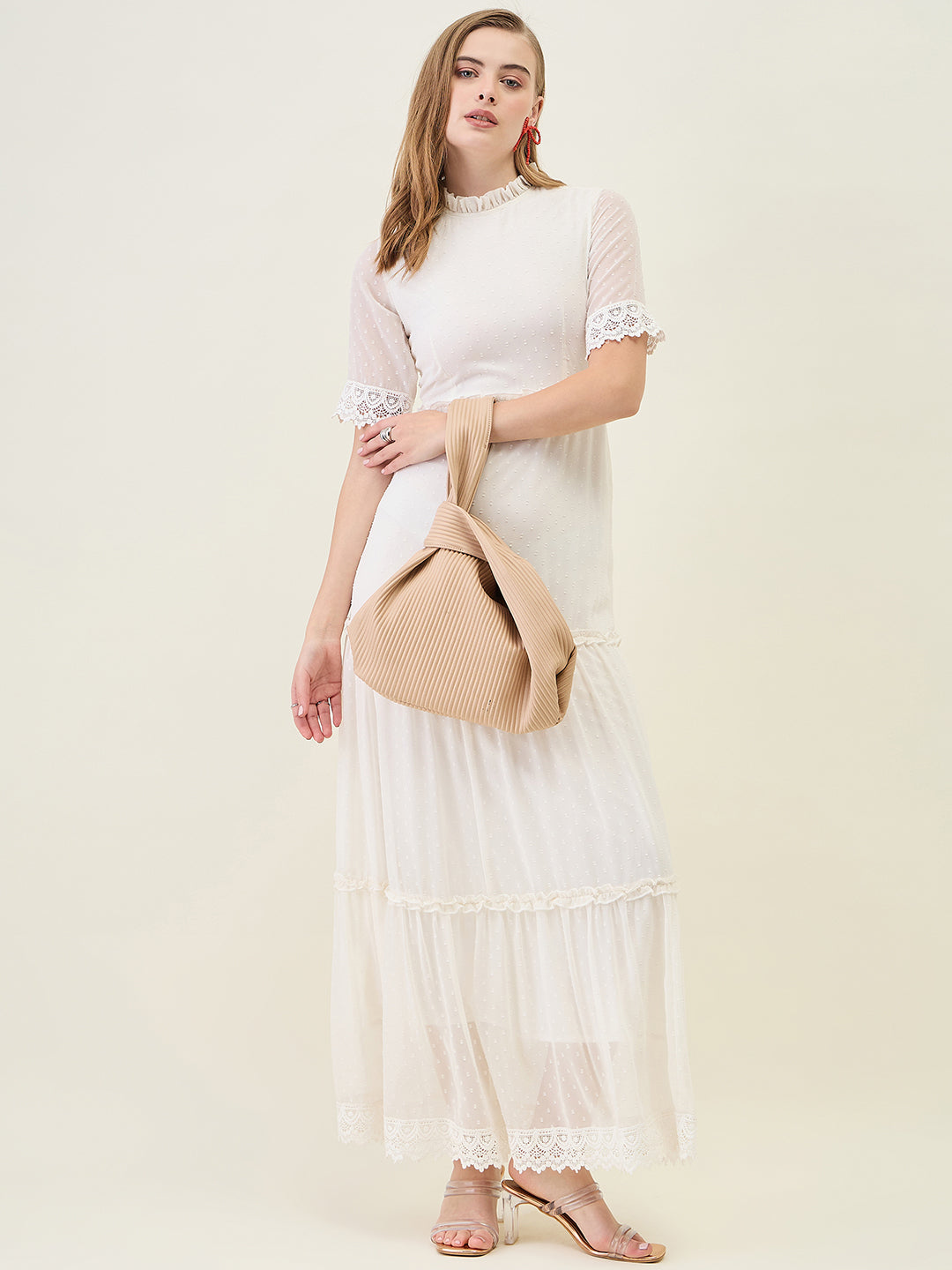 Dobby Mesh Tiered Maxi Dress with Lace Trim