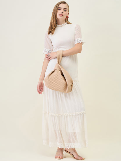 Dobby Mesh Tiered Maxi Dress with Lace Trim