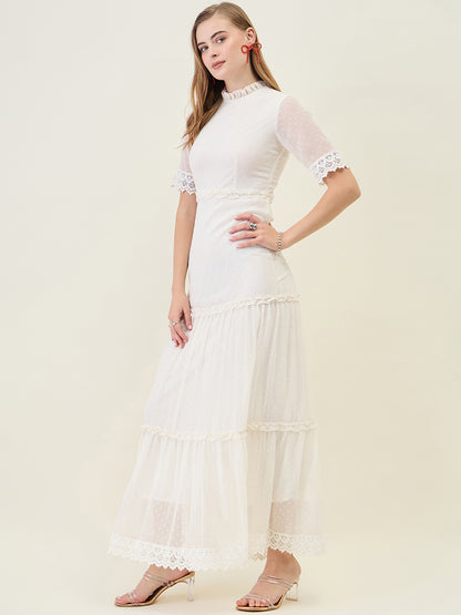 Dobby Mesh Tiered Maxi Dress with Lace Trim
