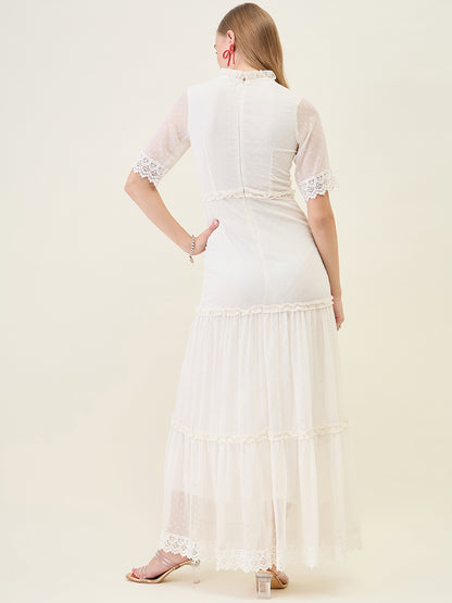Dobby Mesh Tiered Maxi Dress with Lace Trim