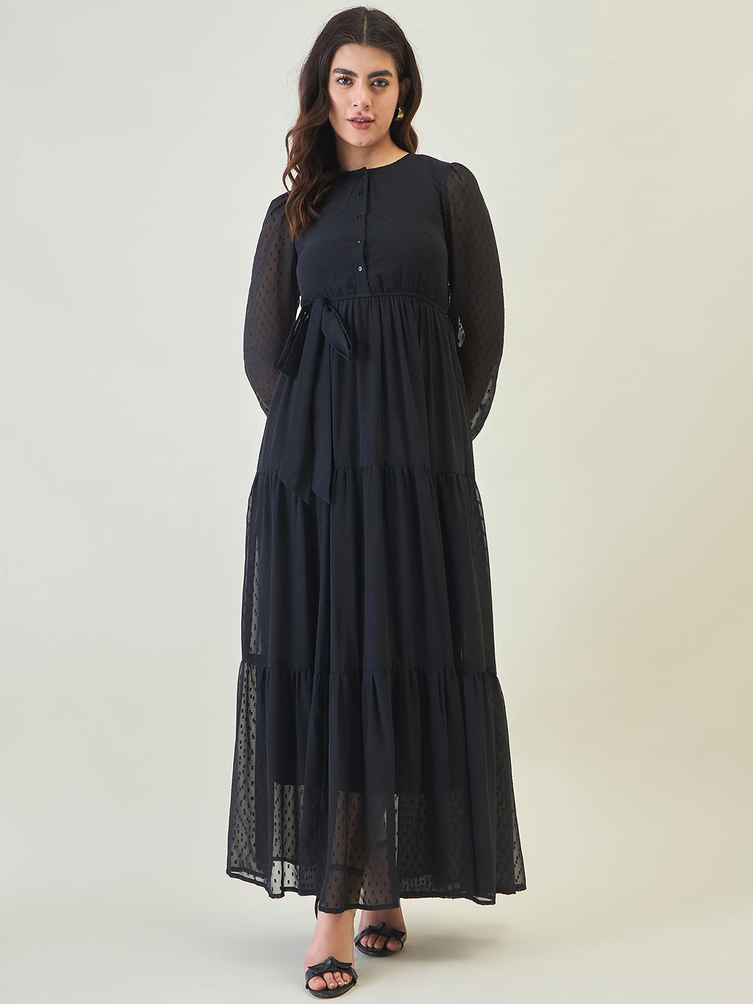 Dobby Mesh Tiered Maxi Dress with Tie-Waist