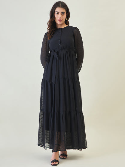 Dobby Mesh Tiered Maxi Dress with Tie-Waist