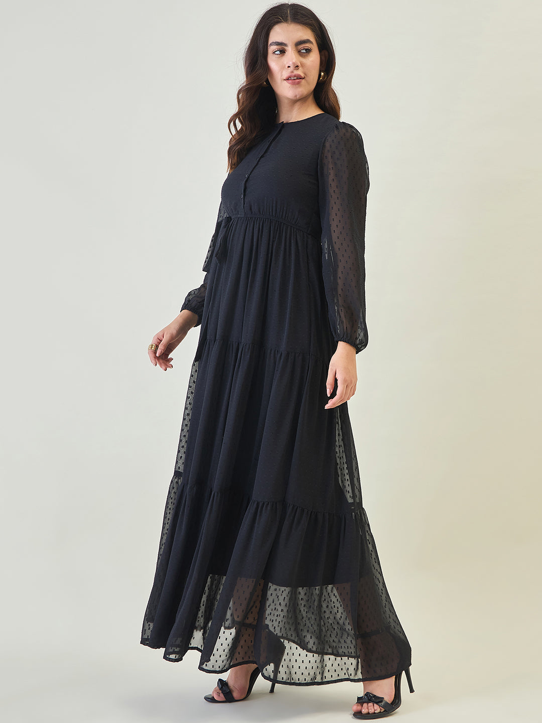 Dobby Mesh Tiered Maxi Dress with Tie-Waist