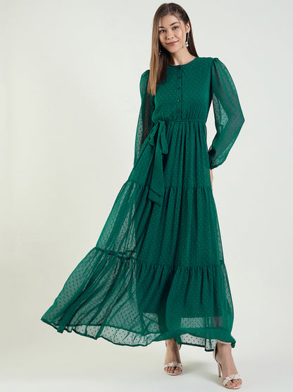 Dobby Mesh Tiered Maxi Dress with Tie-Waist