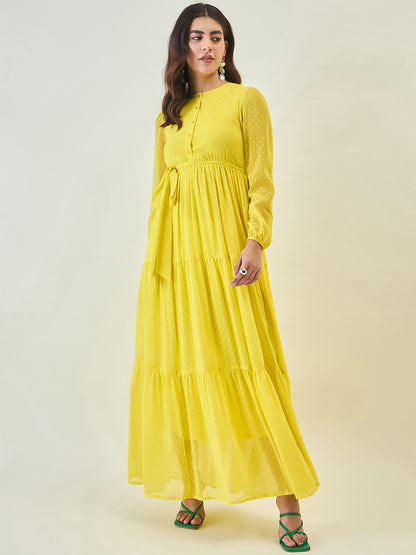 Dobby Mesh Tiered Maxi Dress with Tie-Waist