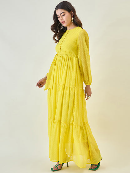 Dobby Mesh Tiered Maxi Dress with Tie-Waist
