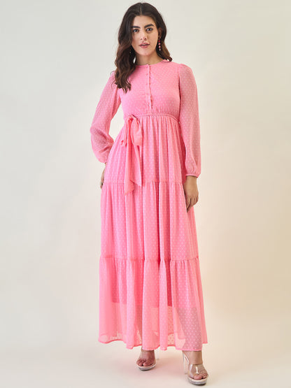 Dobby Mesh Tiered Maxi Dress with Tie-Waist