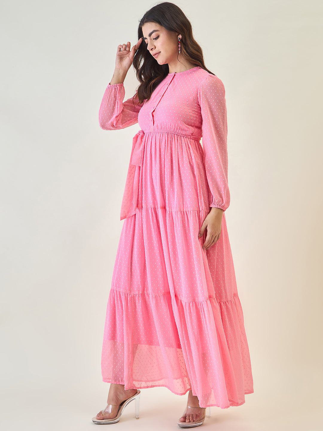 Dobby Mesh Tiered Maxi Dress with Tie-Waist