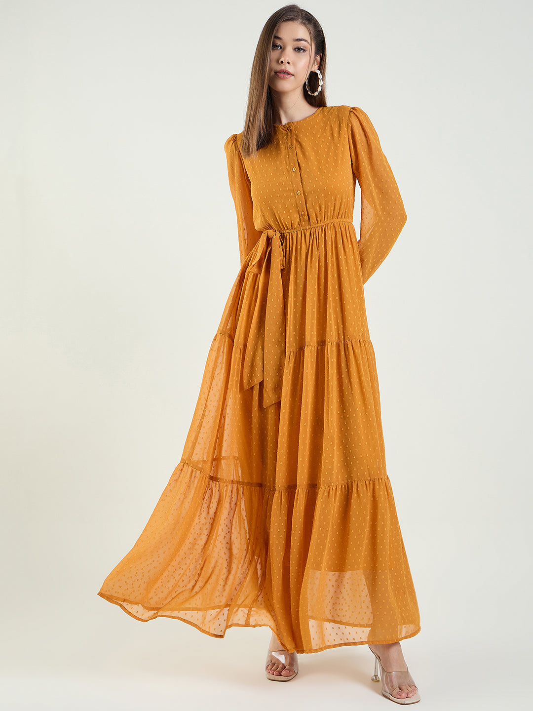 Dobby Mesh Tiered Maxi Dress with Tie-Waist