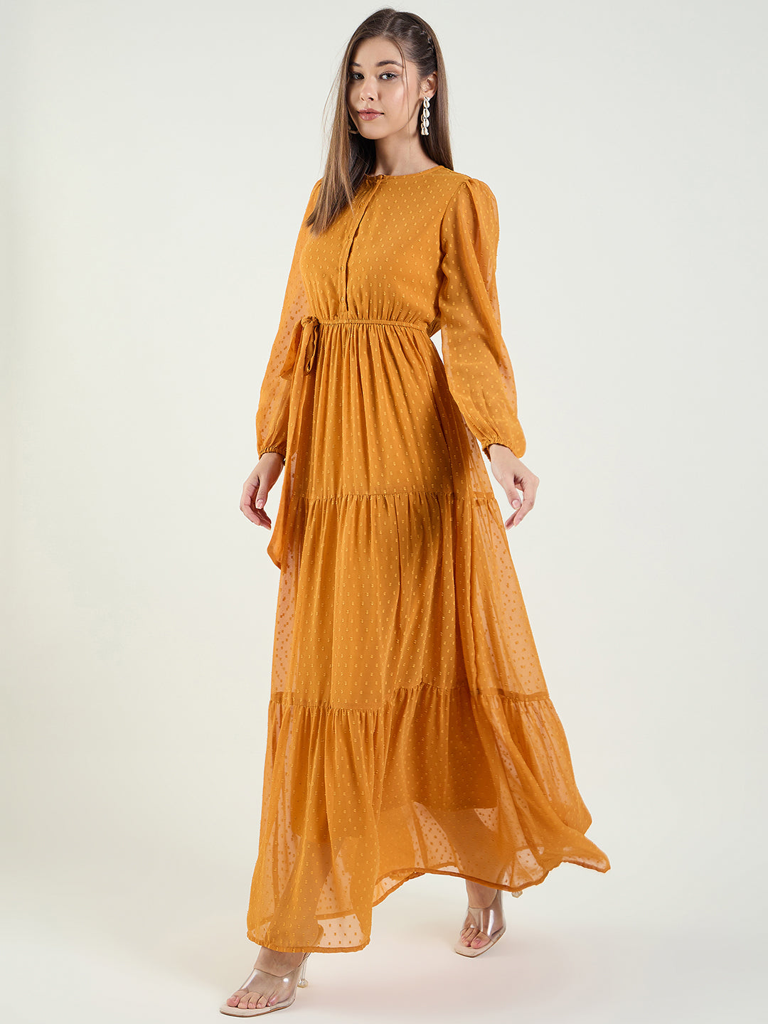 Dobby Mesh Tiered Maxi Dress with Tie-Waist