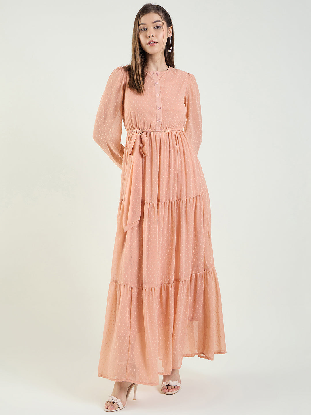 Dobby Mesh Tiered Maxi Dress with Tie-Waist