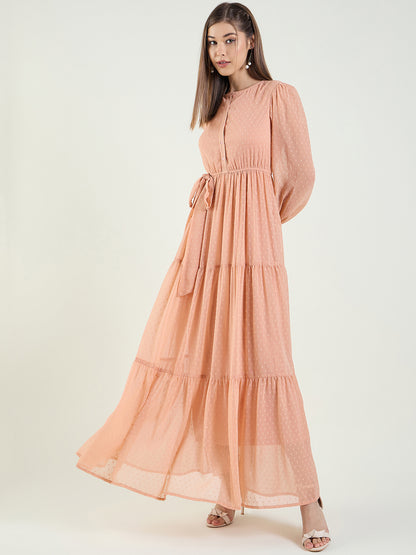 Dobby Mesh Tiered Maxi Dress with Tie-Waist