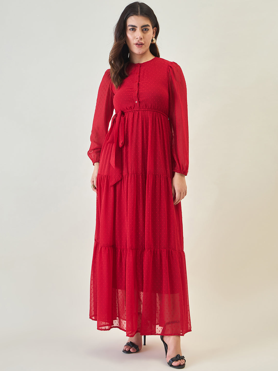 Dobby Mesh Tiered Maxi Dress with Tie-Waist