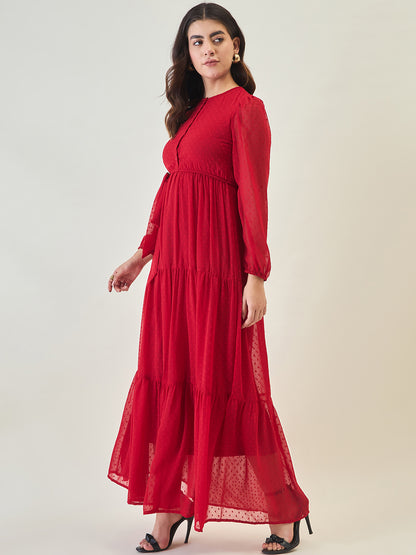Dobby Mesh Tiered Maxi Dress with Tie-Waist