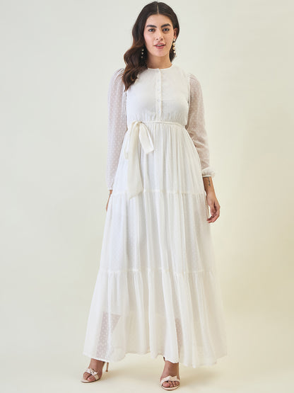 Dobby Mesh Tiered Maxi Dress with Tie-Waist