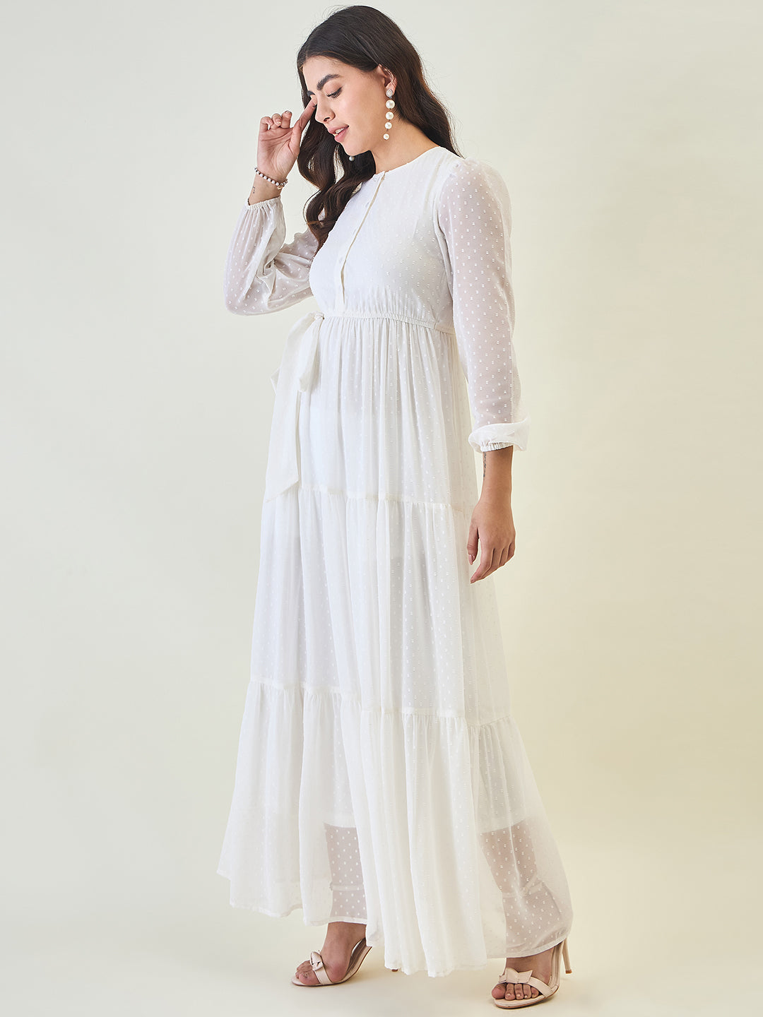 Dobby Mesh Tiered Maxi Dress with Tie-Waist