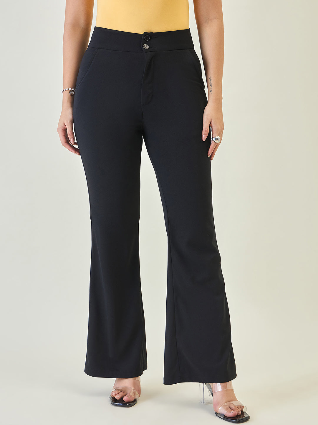 Flared Trousers with Exposed Button Waist