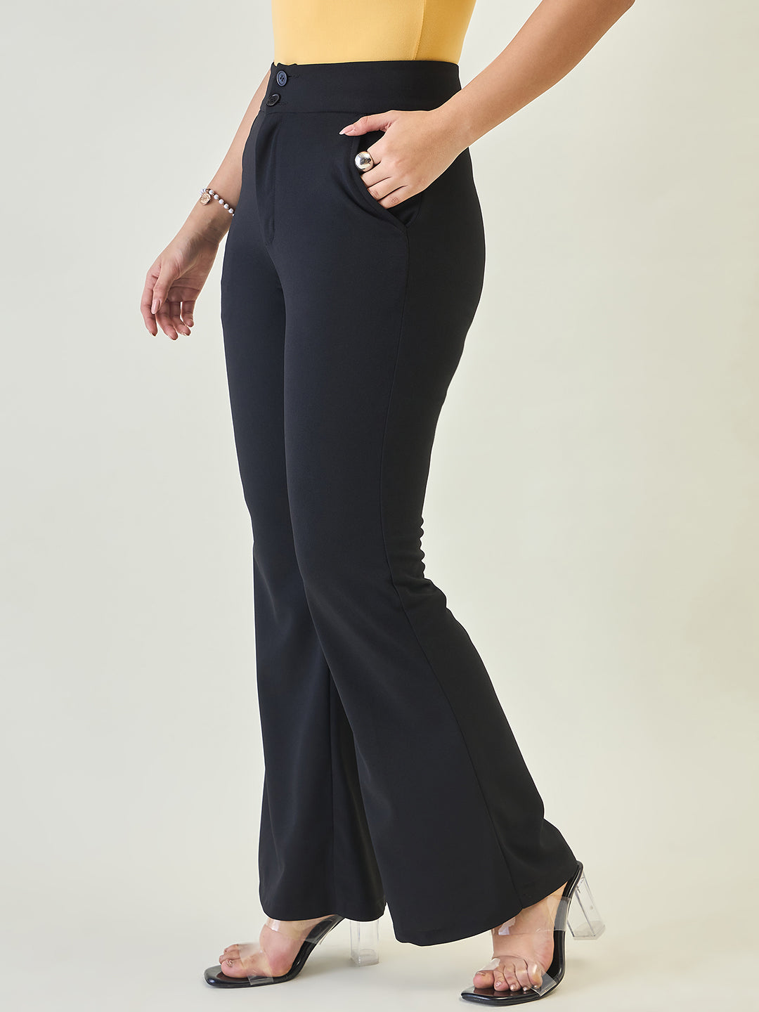 Flared Trousers with Exposed Button Waist