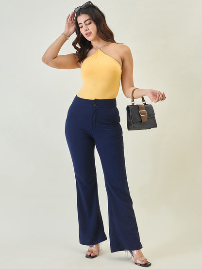 Flared Trousers with Exposed Button Waist