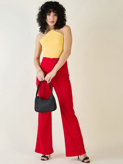 Flared Trousers with Exposed Button Waist