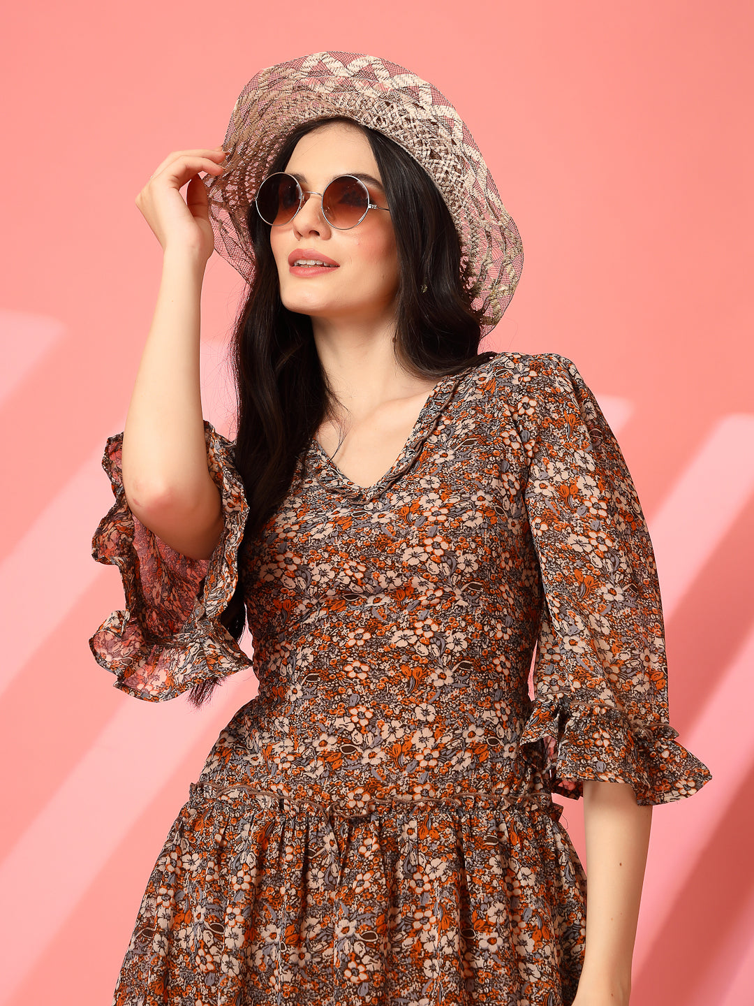 Floral Print Backless Mini Dress with Lace-Up Detail