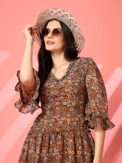 Floral Print Backless Mini Dress with Lace-Up Detail