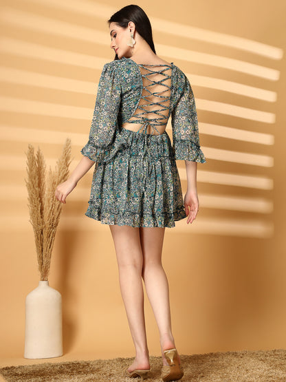 Floral Print Backless Mini Dress with Lace-Up Detail