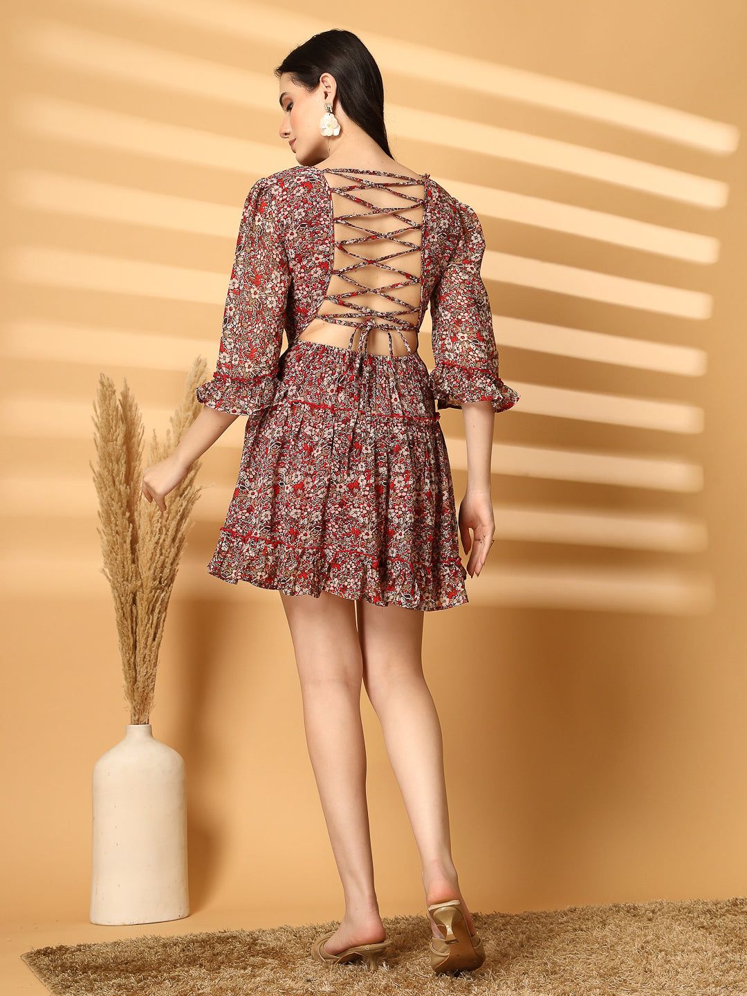 Floral Print Backless Mini Dress with Lace-Up Detail