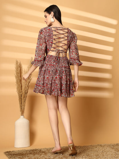 Floral Print Backless Mini Dress with Lace-Up Detail