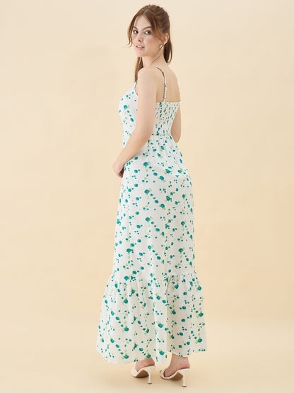 Woman wearing a floral dress on a beige background