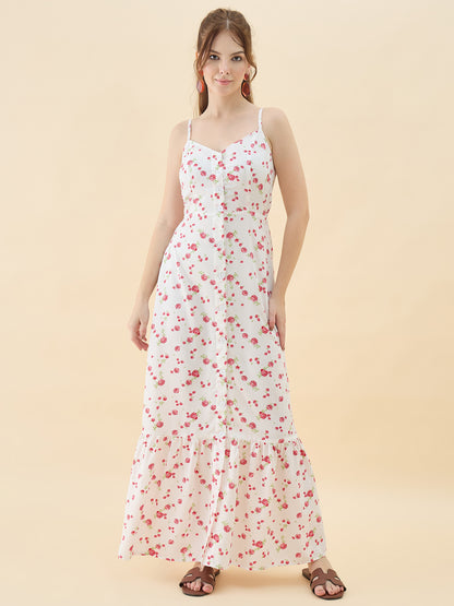 Woman wearing a floral dress on a beige background